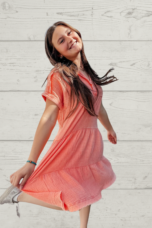 Hazel Mineral Washed Tiered Dress Coral