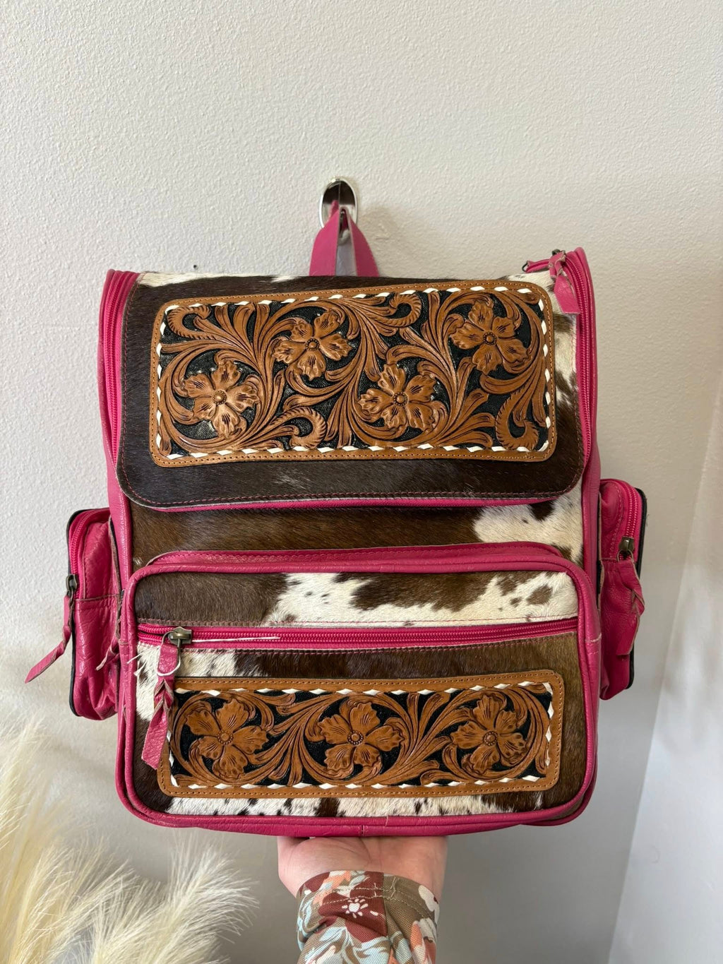 Cowhide & Pink Tooled Backpack | Motis and Co Women
