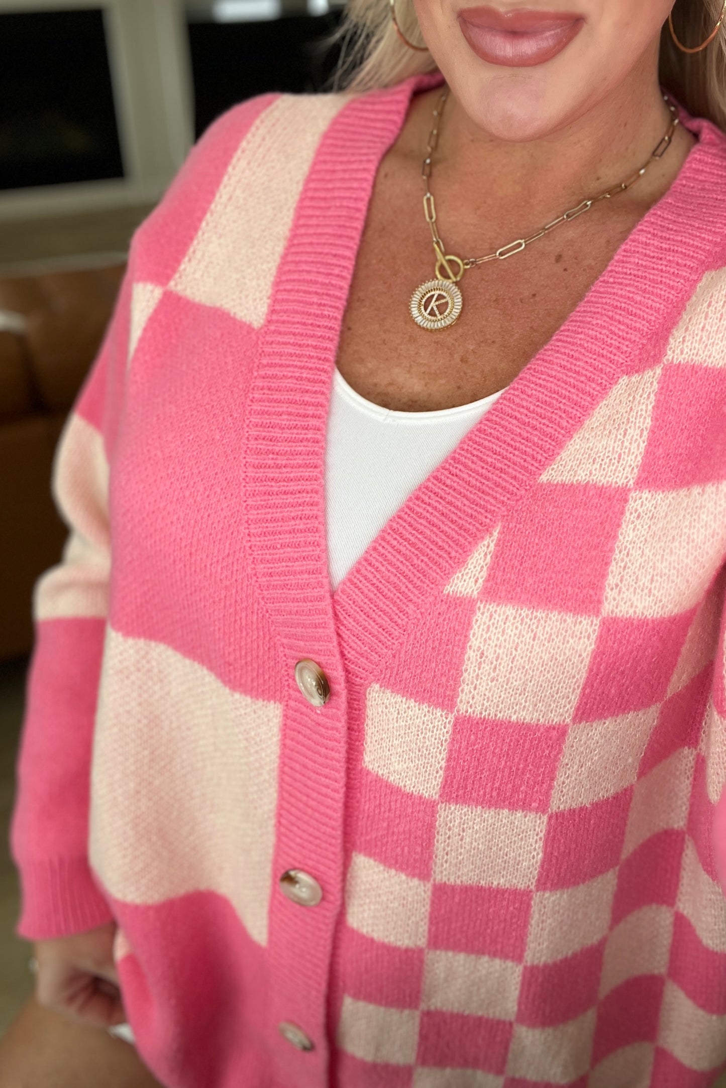 Don't Stop Me Now Checkered Cardigan Pink