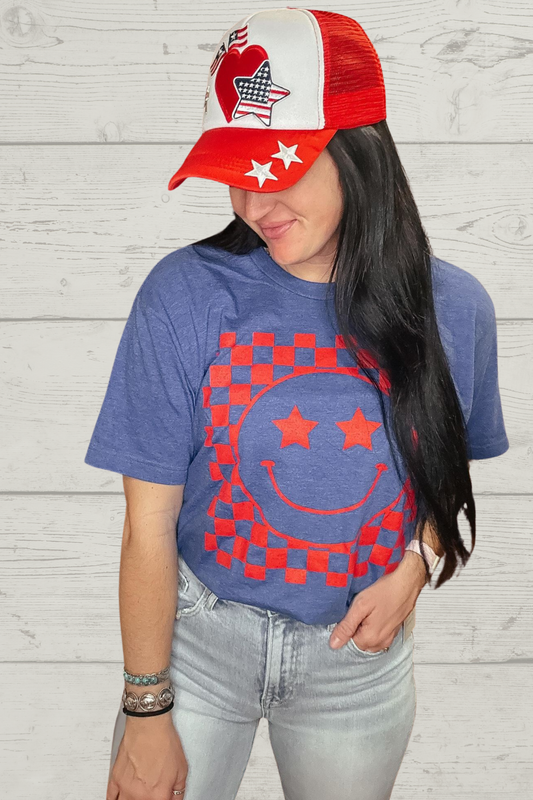 Checkered Star Smiley Graphic Tee