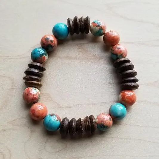 Turquoise and Wood Stretch Bracelet