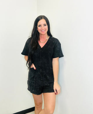 Mandy Black Mineral Washed Romper-Jumpsuits & Rompers-Very J-Motis & Co Boutique, Women's Fashion Boutique in Carthage, Missouri