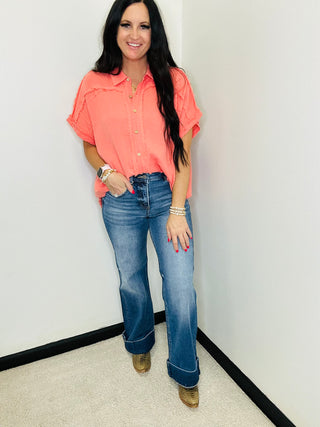 Elsie Coral Gauze Button Down Blouse-Short Sleeves-GiGiO-Motis & Co Boutique, Women's Fashion Boutique in Carthage, Missouri