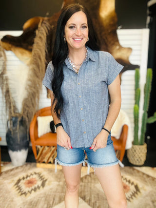 Sophia Navy Pin Stripe Linen Blouse-Short Sleeves-blu pepper-Motis & Co Boutique, Women's Fashion Boutique in Carthage, Missouri
