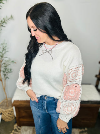 Tess Pink Crocket Sleeve Sweater-Sweaters-Cherry Clothe-Motis & Co Boutique, Women's Fashion Boutique in Carthage, Missouri