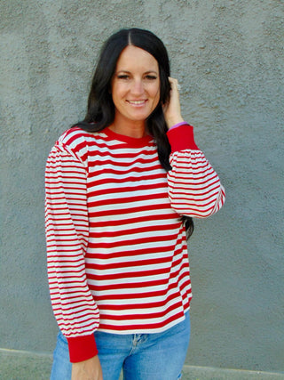 Kandy Red Balloon Sleeve Striped Top-Long Sleeves-Jodifl-Motis & Co Boutique, Women's Fashion Boutique in Carthage, Missouri