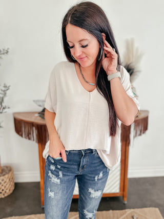 Crinkle Woven V-Neck Dolman Sleeve Top Beige-Short Sleeves-RC-Motis & Co Boutique, Women's Fashion Boutique in Carthage, Missouri