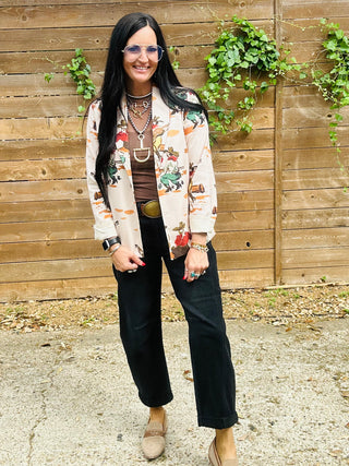 Wagon Wheel Western Print Blazer-Blazers-Howdy Hanny-Motis & Co Boutique, Women's Fashion Boutique in Carthage, Missouri