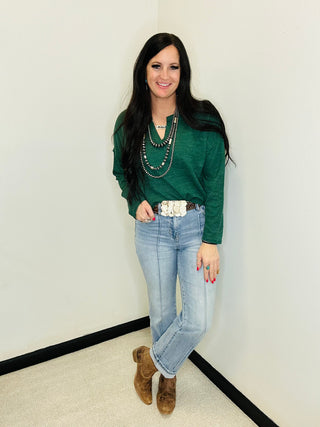 Nicole Notch Neck Green Top-Long Sleeves-blu pepper-Motis & Co Boutique, Women's Fashion Boutique in Carthage, Missouri