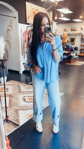 Tess Striped Oversized Blouse - Blue-Short Sleeves-Zenana-Motis & Co Boutique, Women's Fashion Boutique in Carthage, Missouri