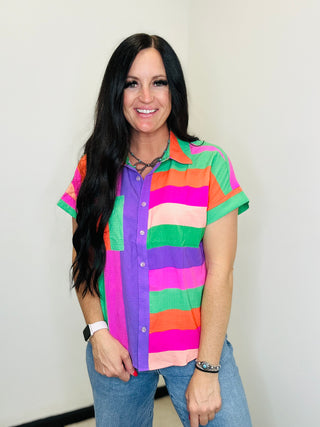 Miriam Multicolor Stripe Short Sleeve Blouse-Tops-Jodifl-Motis & Co Boutique, Women's Fashion Boutique in Carthage, Missouri