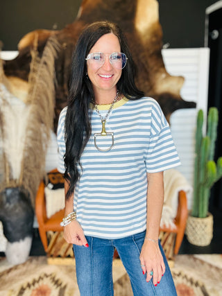 Edie Dusty Blue Striped Casual Short Sleeve Tee-Short Sleeves-blu pepper-Motis & Co Boutique, Women's Fashion Boutique in Carthage, Missouri