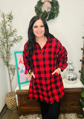 Starla Oversized Red Buffalo Plaid Shirt-Long Sleeves-Risen-Motis & Co Boutique, Women's Fashion Boutique in Carthage, Missouri