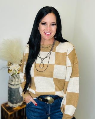 Crew Neck Checkered Knit Sweater Camel - Salena-Sweaters-HYFVE-Motis & Co Boutique, Women's Fashion Boutique in Carthage, Missouri