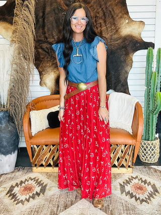 Red Dirt Branded Maxi Skirt-Dresses-sterling kreek-Motis & Co Boutique, Women's Fashion Boutique in Carthage, Missouri