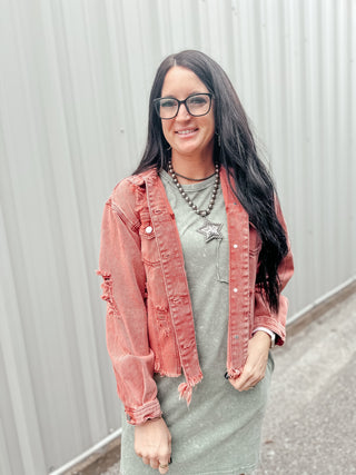 Distressed Denim Jacket Brick-Coats & Jackets-POL-Motis & Co Boutique, Women's Fashion Boutique in Carthage, Missouri