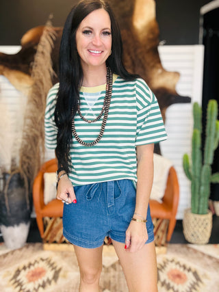 Edie Green Striped Casual Short Sleeve Tee-Short Sleeves-blu pepper-Motis & Co Boutique, Women's Fashion Boutique in Carthage, Missouri