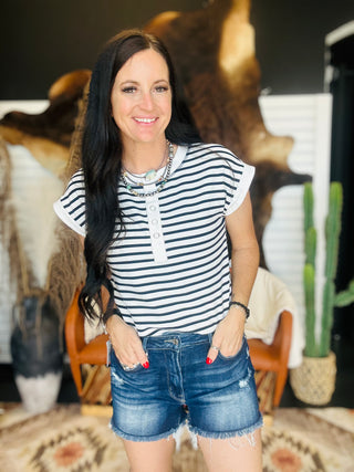 Diane Striped Henley Tee-Short Sleeves-blu pepper-Motis & Co Boutique, Women's Fashion Boutique in Carthage, Missouri