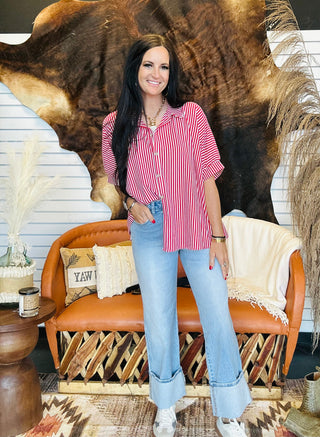 Tess Striped Oversized Blouse - Red-Short Sleeves-Zenana-Motis & Co Boutique, Women's Fashion Boutique in Carthage, Missouri