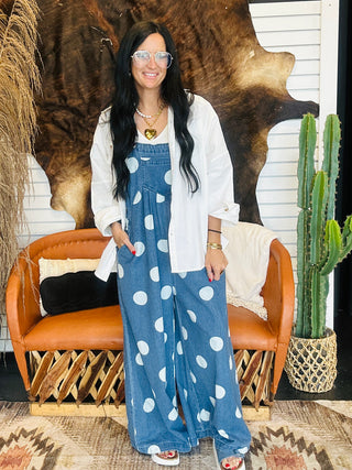 Quinn Polka Dot Denim Overalls-Pants-BiBi-Motis & Co Boutique, Women's Fashion Boutique in Carthage, Missouri
