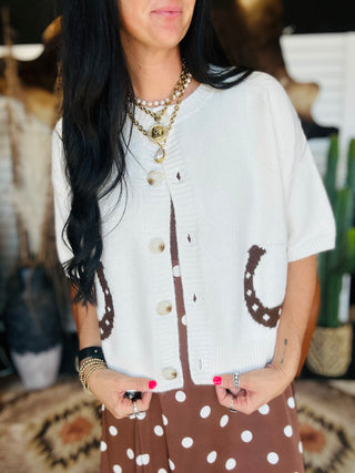 Hannah Horseshoe Short Sleeve White Cardigan-Sweaters-24th-Motis & Co Boutique, Women's Fashion Boutique in Carthage, Missouri