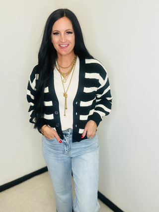 Button Front Striped Cardigan in Black - Matilda-Cardigans-HYFVE-Motis & Co Boutique, Women's Fashion Boutique in Carthage, Missouri