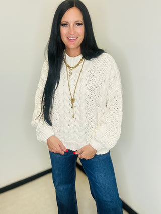 Chunky Mock Neck Balloon Sleeve Cream Sweater - Crystal-Sweaters-POL-Motis & Co Boutique, Women's Fashion Boutique in Carthage, Missouri