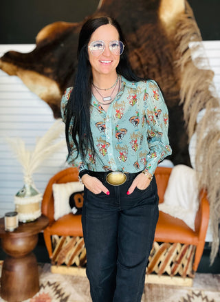 Carina Cowboy Howdy Sheer Blouse-Long Sleeves-Turquoise Haven-Motis & Co Boutique, Women's Fashion Boutique in Carthage, Missouri