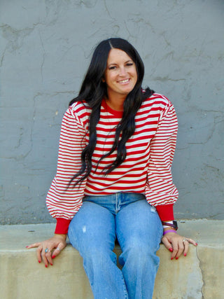 Kandy Red Balloon Sleeve Striped Top-Long Sleeves-Jodifl-Motis & Co Boutique, Women's Fashion Boutique in Carthage, Missouri