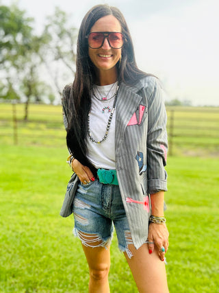 Wynona Grey Pin Stripe Western Patch Blazer-Blazers-Taelynn-Motis & Co Boutique, Women's Fashion Boutique in Carthage, Missouri