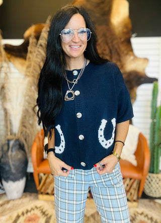 Hannah Horseshoe Short Sleeve Navy Cardigan-Sweaters-24th-Motis & Co Boutique, Women's Fashion Boutique in Carthage, Missouri