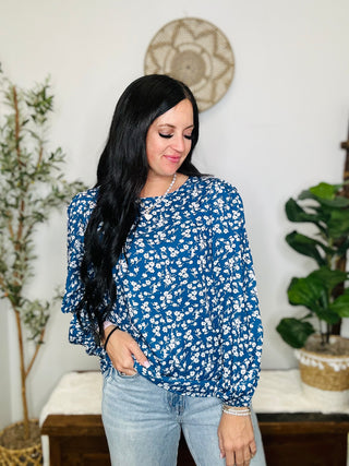 Ditsy Blue Floral Print Blouse-Blouses-Motis & CO-Motis & Co Boutique, Women's Fashion Boutique in Carthage, Missouri