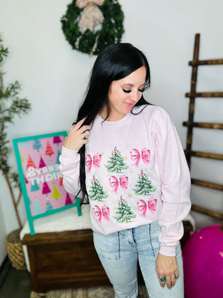 Christmas Tree and Bow Pink Graphic Sweatshirt-Pullovers-Motis & CO-Motis & Co Boutique, Women's Fashion Boutique in Carthage, Missouri