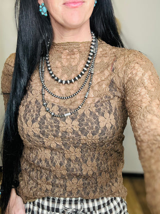 Whitney Lace Sheer Mesh Top - Brown-Long Sleeves-Merigold Kiss-Motis & Co Boutique, Women's Fashion Boutique in Carthage, Missouri