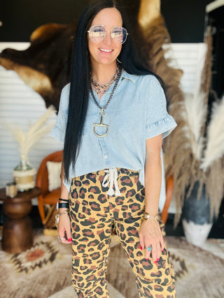 Dainty Denim Short Flutter Sleeve Blouse-Short Sleeves-2 Fly-Motis & Co Boutique, Women's Fashion Boutique in Carthage, Missouri