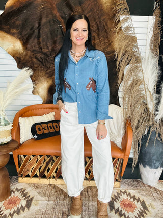 Lena Western Denim Embroidery Shirt-Long Sleeves-Taelynn-Motis & Co Boutique, Women's Fashion Boutique in Carthage, Missouri