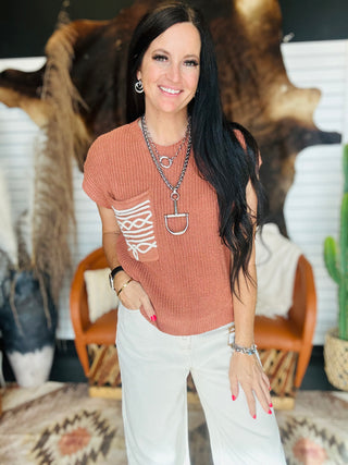 Aurora Brown Knit Boot Stitch Pocket Sweater-Short Sleeves-Lucky & Blessed-Motis & Co Boutique, Women's Fashion Boutique in Carthage, Missouri