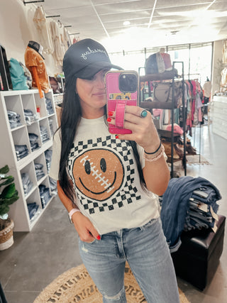 Smiley Checkered Football Graphic Tee-Graphic Tees-P&PD-Motis & Co Boutique, Women's Fashion Boutique in Carthage, Missouri