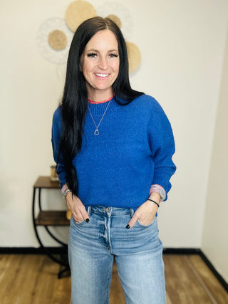 Casual Crew Neck Sweater in Blue - Remi-Sweaters-HYFVE-Motis & Co Boutique, Women's Fashion Boutique in Carthage, Missouri