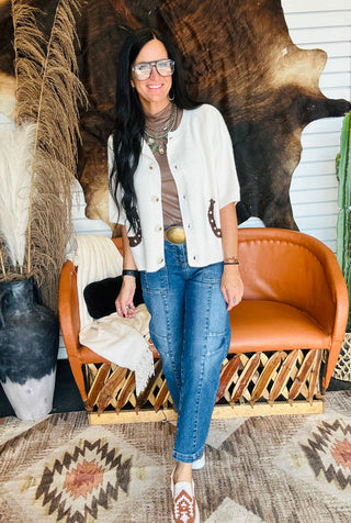 Hannah Horseshoe Short Sleeve White Cardigan