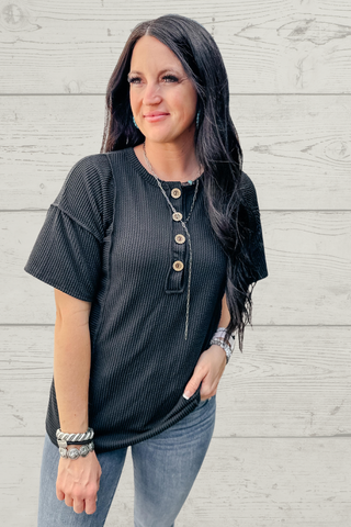 Haley Henley Short Sleeve Black Top-Short Sleeves-HEIMISH-Motis & Co Boutique, Women's Fashion Boutique in Carthage, Missouri