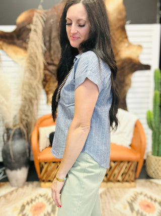 Sophia Navy Pin Stripe Linen Blouse-Short Sleeves-blu pepper-Motis & Co Boutique, Women's Fashion Boutique in Carthage, Missouri