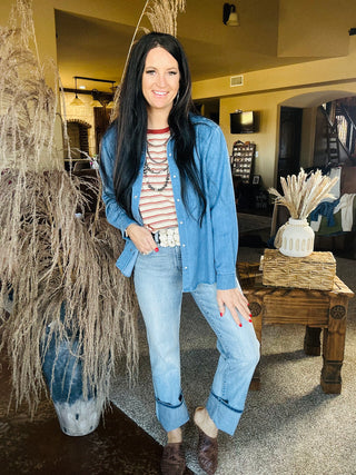 Daisy Denim Pearl Snap Blouse-Long Sleeves-Star Drop-Motis & Co Boutique, Women's Fashion Boutique in Carthage, Missouri