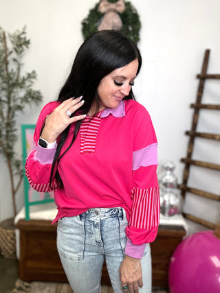 Brynn Pink Stripe Color-Block Sweatshirt-Long Sleeves-Jodifl-Motis & Co Boutique, Women's Fashion Boutique in Carthage, Missouri