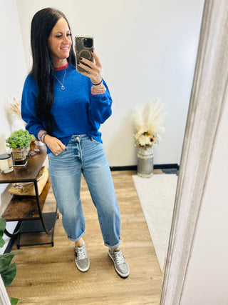Casual Crew Neck Sweater in Blue - Remi-Sweaters-HYFVE-Motis & Co Boutique, Women's Fashion Boutique in Carthage, Missouri