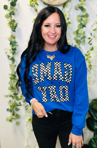 Checkered Game Day Sweatshirt Royal-Graphic Tees-P&PD-Motis & Co Boutique, Women's Fashion Boutique in Carthage, Missouri