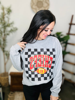 Chiefs Checkered Football Gray Sweatshirt-Pullovers-Motis & CO-Motis & Co Boutique, Women's Fashion Boutique in Carthage, Missouri