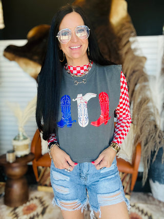 Red White and Boots Graphic Muscle Tee-Graphic Tees-Rowdy Crowd-Motis & Co Boutique, Women's Fashion Boutique in Carthage, Missouri