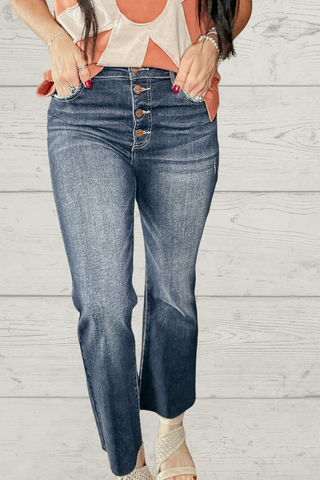 Liam Dark Wash Button Fly Crop Flare-Jeans-Risen-Motis & Co Boutique, Women's Fashion Boutique in Carthage, Missouri