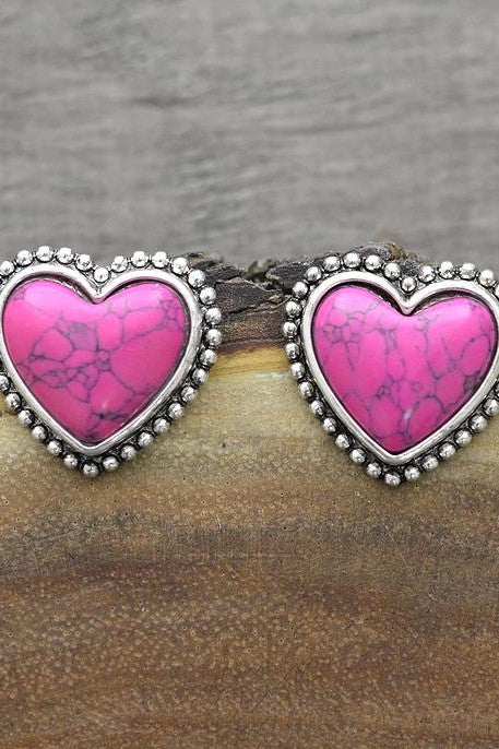 Pink Heart Western Stone Stud Earrings